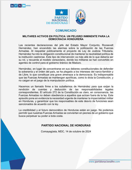 Partido Nacional exige rendición de cuentas a jefe de las FFAA por politización