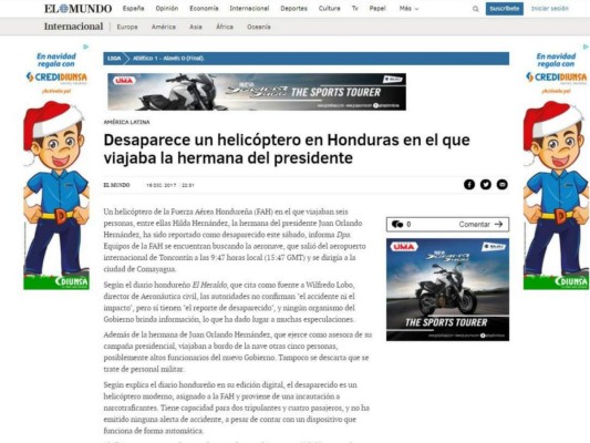 Así anuncia la prensa internacional la desaparición de helicóptero y muerte de Hilda Hernández, hermana del presidente hondureño