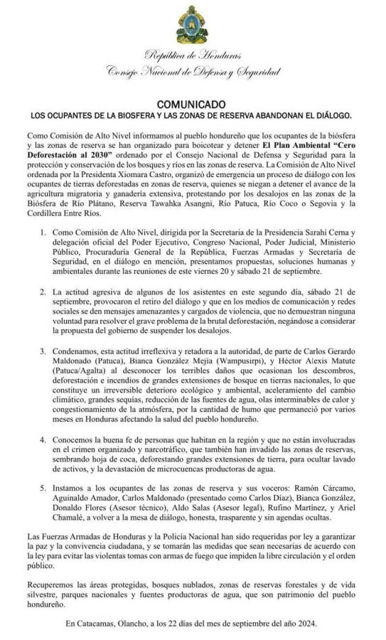 Comunicado íntegro en el cual afirman que las personas no están dispuestas a buscar soluciones.