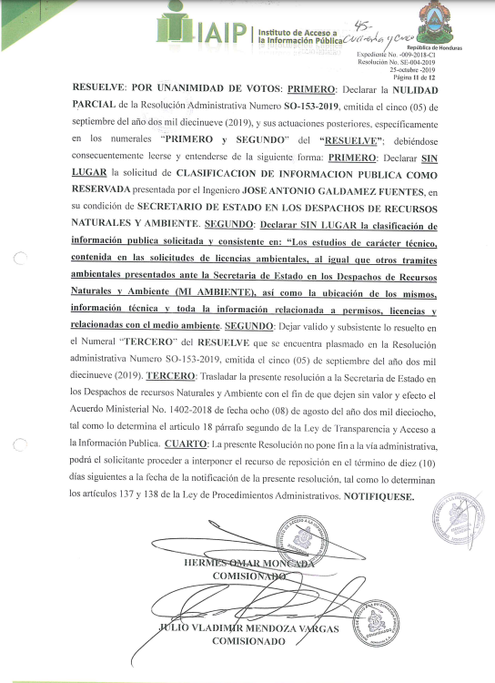 $!Esta es la última parte de la resolución SE-004-2019 del IAIP, emitida en 2019.