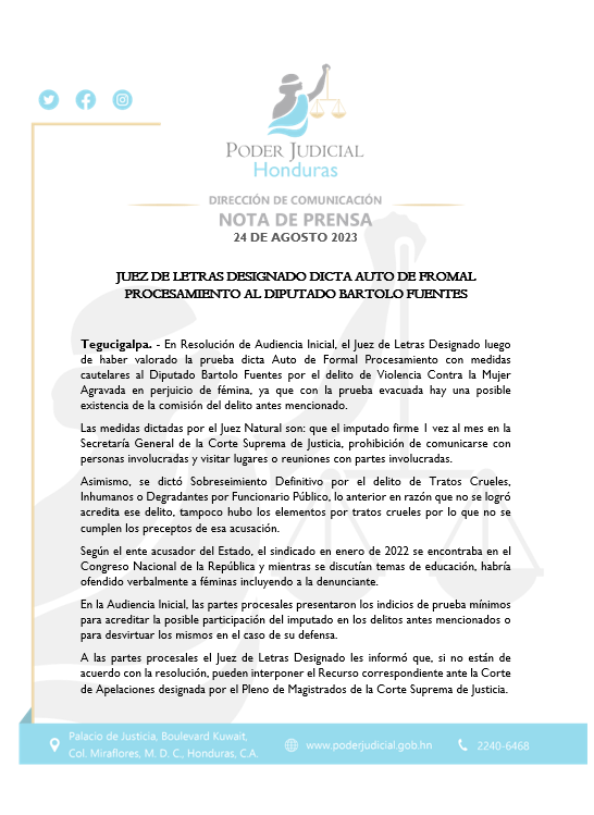 Dictan auto formal procesamiento contra diputado de Libre, Bartolo Fuentes, por violencia contra la mujer