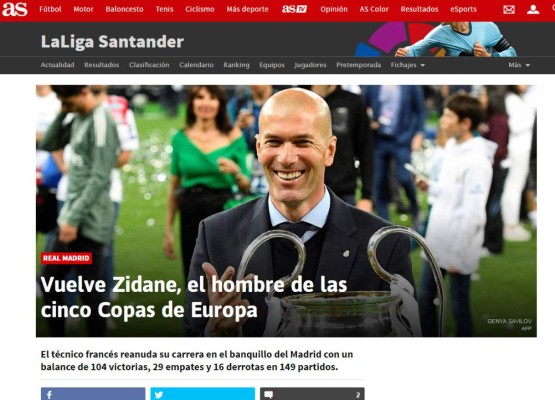 La llegada de Zinedine Zidane al Real Madrid hace eco en los medios deportivos del mundo