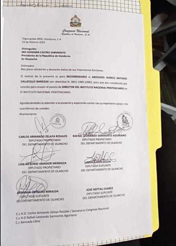 La carta de recomendación firmada por diputados de Libre, entre ellos Carlos Zelaya, secretario del Congreso Nacional.