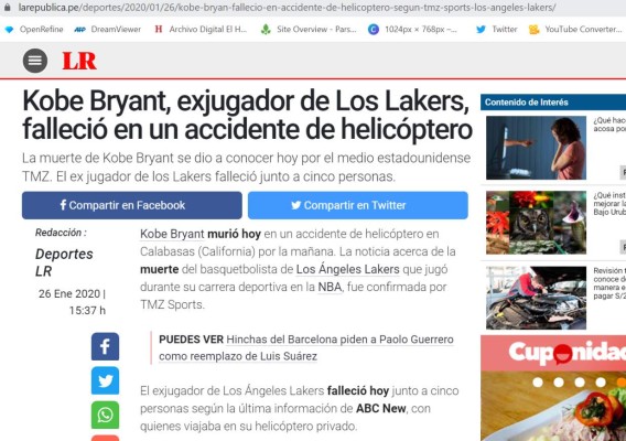 El mundo conmocionado por muerte de Kobe Bryant: Así informaron los medios