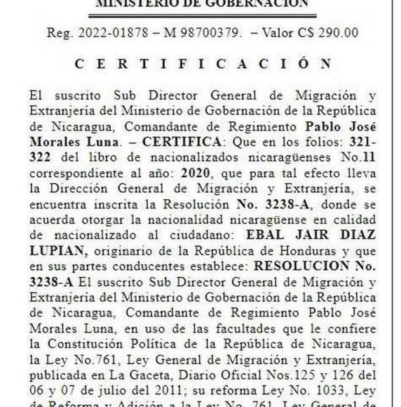 Meses y no tres años, como dice la ley de Nicaragua, residió Ebal Díaz para nacionalizarse en ese país