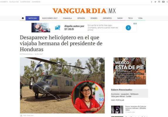 Así anuncia la prensa internacional la desaparición de helicóptero y muerte de Hilda Hernández, hermana del presidente hondureño