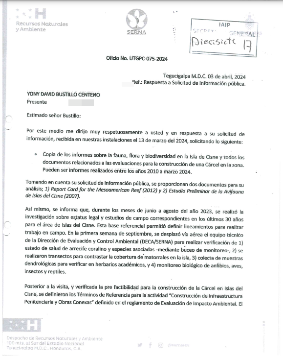 $!Esta es una de las respuestas que dio la Secretaría de Recursos Naturales luego de que el equipo periodístico de EL HERALDO interpusiera un recurso de revisión en el IAIP.