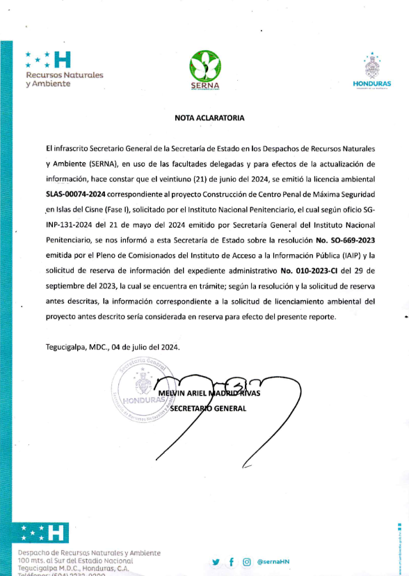 $!En el Portal de Transparencia del IAIP se compartió un documento de tres páginas en las que se mencionan todas las licencias ambientales aprobadas, pero en el caso de la cárcel en las Islas del Cisne no publicaron nada, solo una nota aclaratoria.