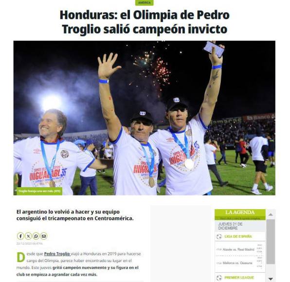 Prensa internacional destaca tricampeonato invicto del Olimpia de Troglio