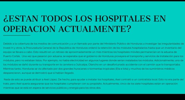 En fotos: La página que creó Axel López para desmentir el fraude de hospitales móviles en Honduras