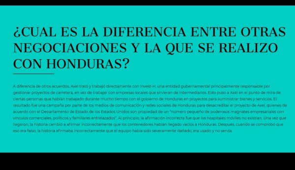 En fotos: La página que creó Axel López para desmentir el fraude de hospitales móviles en Honduras