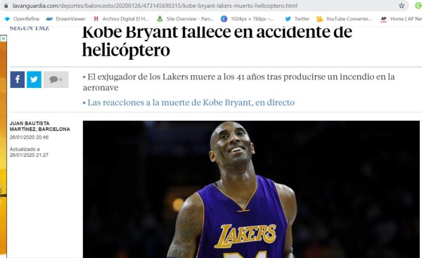 El mundo conmocionado por muerte de Kobe Bryant: Así informaron los medios