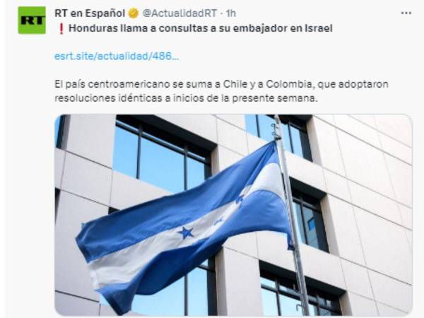 La Cancillería hondureña publicó un comunicado que posteriormente borró en donde dejaba entrever su presunta intención de retirar la Embajada de Honduras en Israel, tras el conflicto entre este país y Palestina, algo que catalogó como “genocidio” y una “grave situación de violaciones al derecho internacional humanitario”. Esto ha causado numerosas reacciones a nivel nacional e internacional, pues aunque el documento fue borrado, las relaciones diplomáticas entre Honduras e Israel podrían estar en peligro. A continuación las imágenes de cómo informaron la situación los medios internacionales,