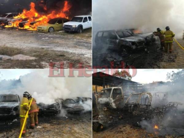 Al menos ocho vehículos en poder de la Oficina Administradora de Bienes Incautados (OABI) tomaron fuego este miércoles en la capital de Honduras. (Fotos: Marvin Salgado / EL HERALDO)