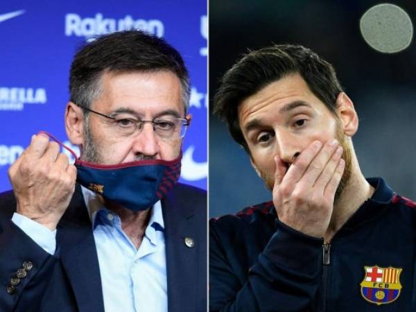 La imagen muestra al presidente del Barcelona, ​​Josep Maria Bartomeu, quitándose la mascarilla en Barcelona el 19 de agosto de 2020, y al delantero argentino del Barcelona, ​​Lionel Messi, reaccionando antes del partido de ida de los octavos de final de la UEFA Champions League. Foto: Agencia AFP.