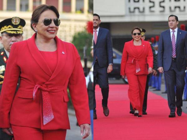 Con un predominante tono rojo llegó la presidenta Xiomara Castro al acto de izada de la Bandera.