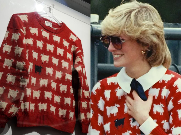 Diana Spencer lució el jersey rojo con motivos de ovejas creado por las entonces poco conocidas diseñadoras Sally Muir y Joanna Osborne.