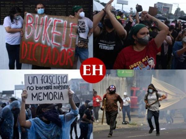 Decenas de personas se concentraron en el Monumento a la Constitución para repudiar la sustitución de los cinco magistrados de la Sala de lo Constitucional de la Corte Suprema de Justicia y el fiscal general de la República.'Nayib, fascista; vos sos el terrorista', era una de las consignas improvisadas que gritaban los manifestantes. Fotos AFP