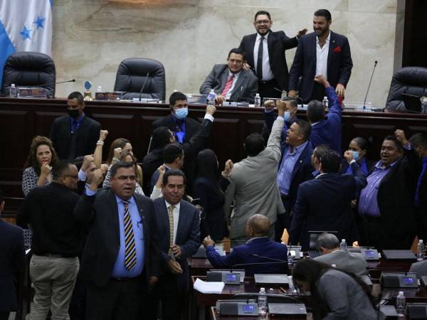 Con silbatos y pitoretas la bancada nacionalista se puso de pie y salió de su curul para manifestar su rechazo a la polémica ley