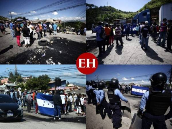 Para exigir pavimentación, un nutrido grupo de habitantes de la colonia Reynel Fúnez y de otras colonias aledañas bloquearon el paso en la la carretera que conduce al sur de la capital de Honduras. Los pobladores advirtieron que si no obtienen respuestas, las tomas aseguirán. FOTOS: Emilio Flores/EL HERALDO.