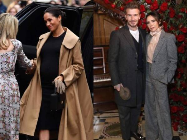 En la foto de la izquierda, Meghan a su llegada a Smart Works usando la cartera de la de la firma Victoria Beckham, en la siguiente, la diseñadora y su pareja David Beckham.