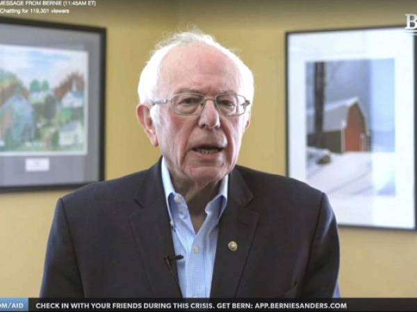 Imagen de video proporcionada por la campaña presidencial de Bernie Sanders del senador Bernie Sanders mientras anuncia que pone fin a su campaña presidencial el miércoles 8 de abril de 2020 en Burlington, Vermont. Foto: Agencia AP.