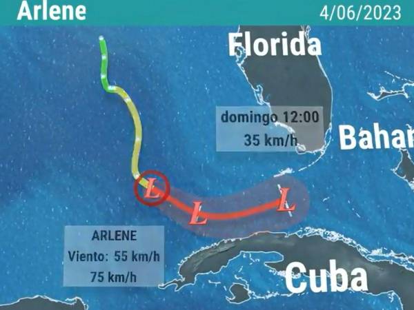 Actualmente, Arlene se sitúa alrededor de 165 millas (265 km) al oeste del Parque Nacional Tortugas Secas (Dry Tortugas), conjunto de pequeñas islas situadas a 113 kilómetros al oeste de cayo Hueso, en los cayos de la Florida.