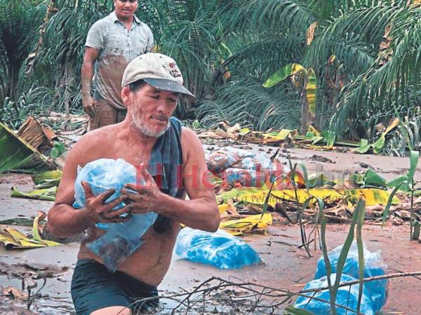 La mayoría de personas se desplazan entre el agua y el lodo para salir a El Progreso en busca de víveres.