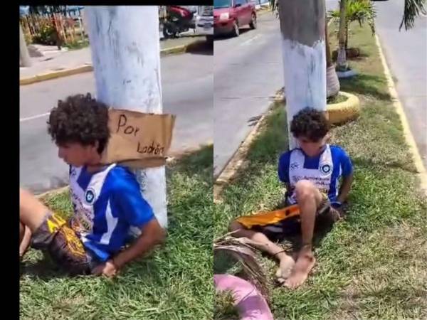 ”Por Ladrón” fue el letrero que le colocaron al joven que portaba una camisa azul, calzoneta y descalzo.