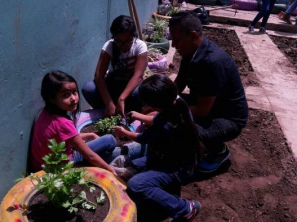 Padres de familia, maestros y alumnos en la jornada de recuperación de los espacios verdes del CEB San Miguel de Heredia. Foto: Magallanes, Amador, Pérez/ EL HERALDO.