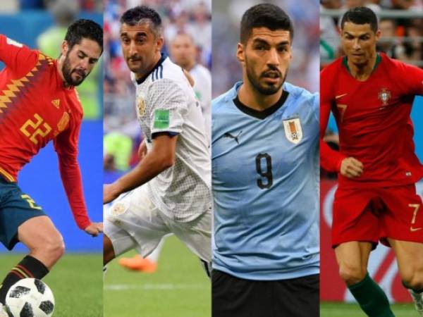 Isco, de España; Samedov de Rusia; Luis Suárez de Uruguay y Cristiano Ronaldo de Portugal. (AFP)