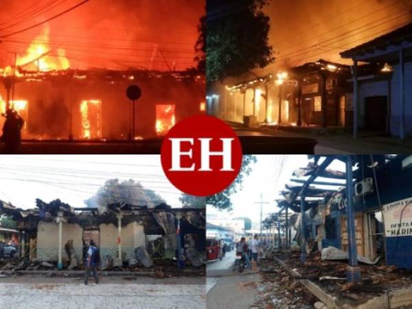 Un fuerte incendio consumió varios negocios del mercado del municipio de Orocuina en el departamento de Choluteca, al sur del país. La tragedia tuvo lugar durante la noche del miércoles y esta mañana el escenario es aún más desalentador. Fotos: Cortesía