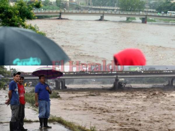 Arriba se muestra como está actualmente el nivel del río Choluteca en la capital; abajo una gráfica de como estaba el mismo río en octubre de 1998 cuando el huracán Mitch. (Foto: Efraín Salgado/El Heraldo)