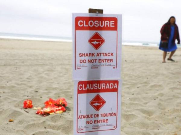 Un cartel de cierre que dice 'Cierre, ataque de tiburones, no ingrese' se publica en Manresa State Beach, cerca de Watsonville, al sur de San José, California. Foto: AP.