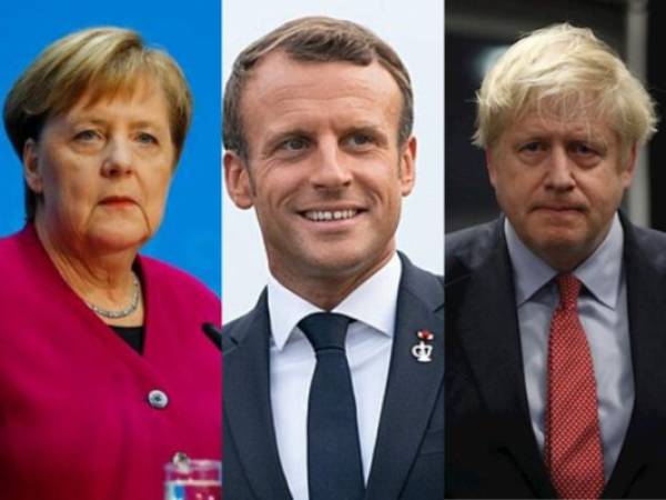 La canciller (Angela Merkel), el presidente francés (Emmanuel Macron) y el primer ministro británico (Boris Johnson). Foto: Agencias.