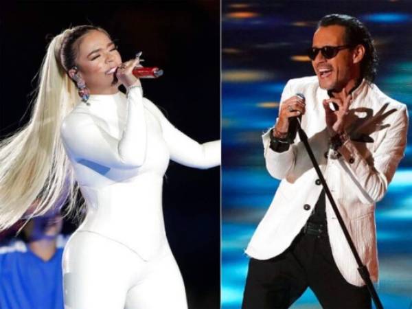 Karol G canta en la ceremonia inaugural de la Copa América en Sao Paulo, Brasil, el 14 de junio de 2019; Marc Anthony actúa en la ceremonia de los Latin Grammy Awards en Miami el 19 de noviembre de 2020. Foto: AP