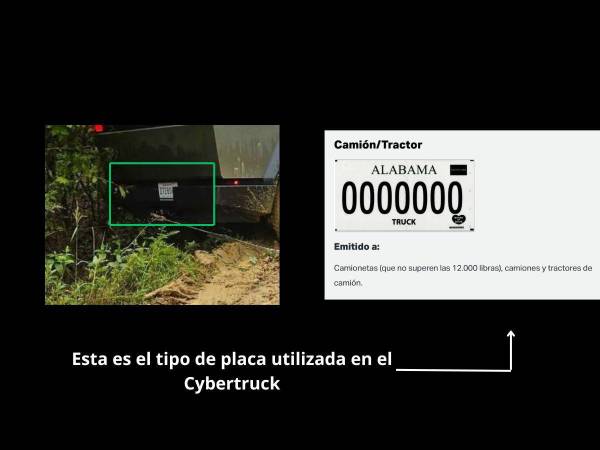 Comparativa de la placa del Cybertruck en el lodo y las placas para este tipo de vehículos en Alabama.