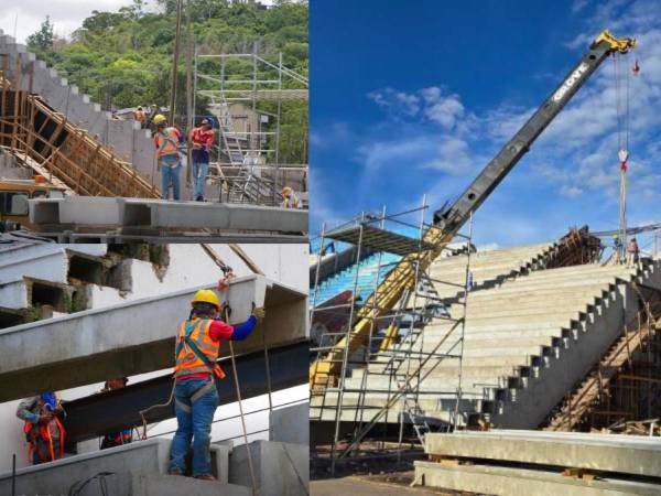 Los trabajos en el estadio Nacional “Chelato” Uclés siguen avanzando y ya han colocado las primeras graderías en el sector de sol centro.