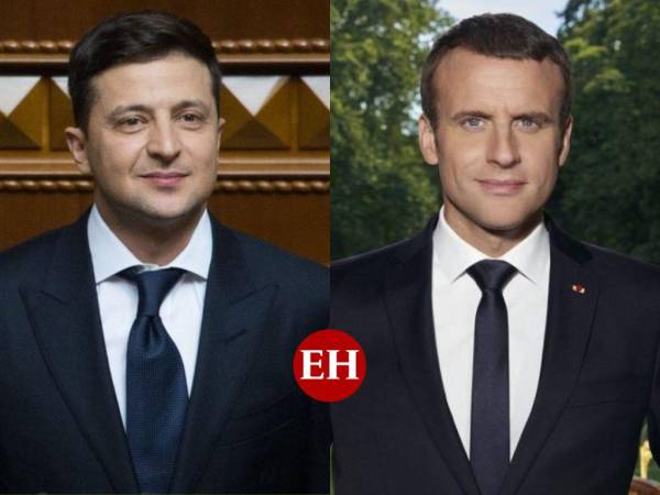 Volodimir Zelenski mandatario de Rusia y Emmanuel Macron presidente de la República Francesa.