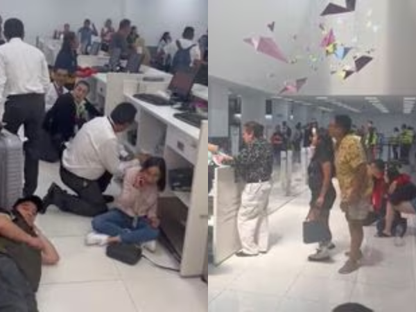 Imágenes difundidas en redes sociales muestran a empleados y viajeros asustados, resguardándose detrás de los mostradores del aeropuerto Benito Juárez.