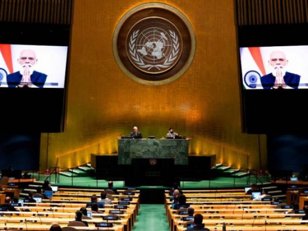 En su discurso virtual ante la Asamblea general de la ONU, Modi no hizo una mención directa al cambio climático o a las diferencias fronterizas con China. AFP.