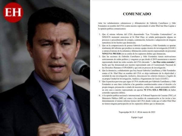 Los abogados calificaron como “calumnia y difamación” las expresiones emitidas por Gabriela Castellanos y Odir Fernández en su denuncia contra Díaz.