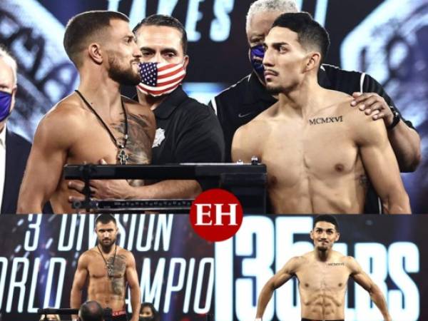 El boxeador Vasyl Lomachenko y Teófimo López se enfrentarán este sábado 17 de octubre en Las Vegas, Nevada, en un combate de unificación de los principales títulos mundiales de peso ligero. Este viernes se realizó la ceremonia de pesaje y fue un momento intenso de choque de miradas. Fotos: Cortesía Top Rank.