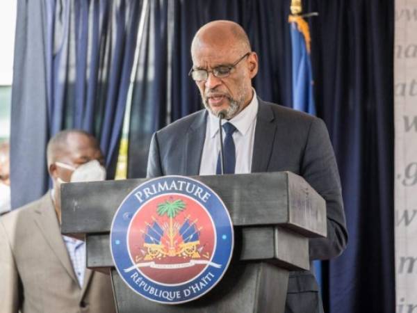 El primer ministro designado, Ariel Henry, habla durante una ceremonia en La Primature en Puerto Príncipe, Haití, el 20 de julio de 2021. Foto: AFP