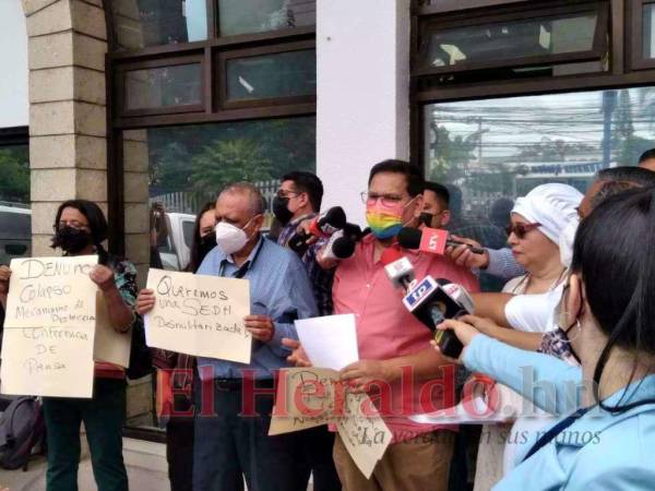 Representantes de varios gremios que integran el Consejo Nacional de Protección se apostaron frente a la SEDH para hacer la denuncia.