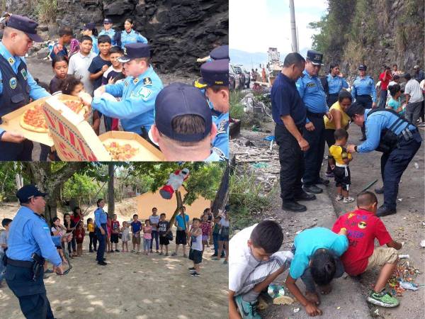 Agentes de la Policía Nacional de Honduras llevaron alegría a niños que permanecen en las orillas de los ejes carreteros reciclando basura para subsistir. La actividad la realizaron de cara a la celebración del Día del Niño en Honduras cada 10 de septiembre.