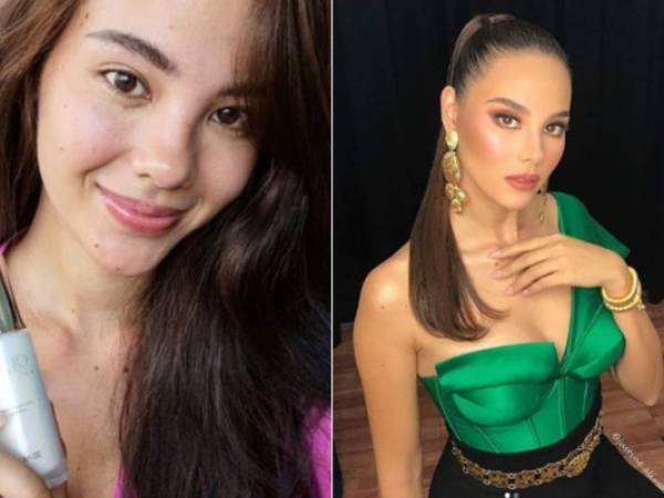 En esta composición Catriona Gray, Miss Universo 2018, a la izquierda sin una gota de maquillaje y a la derecha con maquillaje.