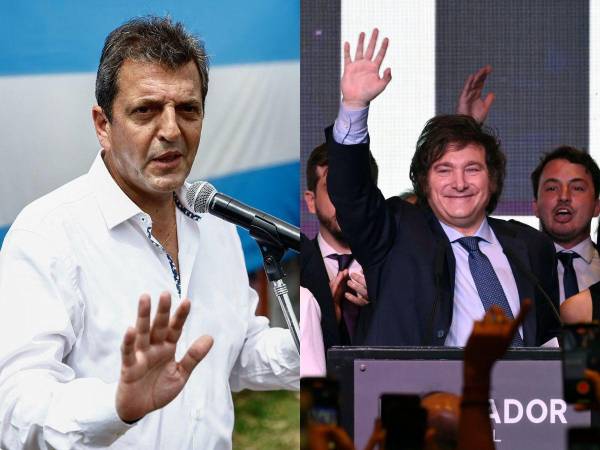 El ministro de Economía argentino y candidato presidencial del partido Unión por la Patria, Sergio Massa y a la derecha, el congresista Javier Milei.