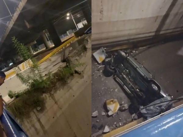 La carrocería del automóvil sufrió severos daños tras caer desde una altura considerable.