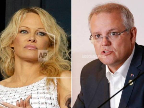 En esta combinación de fotografías se muestra a la actriz Pamela Anderson y al primer ministro de Australia Scott Morrison.